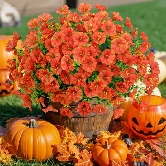 Scidweet 12 Bundles Fall Fake Flowers Outdoor, Artificial Plants Faux Flowers Morning Glory Autumn Outside for Home Garden Porch Window Box Decorations, Orange