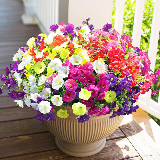 Scidweet 12 Bundles Artificial Fake Flowers Plants for Outdoor Outside Spring Summer Decoration, Silk Colorful Morning Glory Faux Flower for Planter Porch Patio Yard, Multicolor