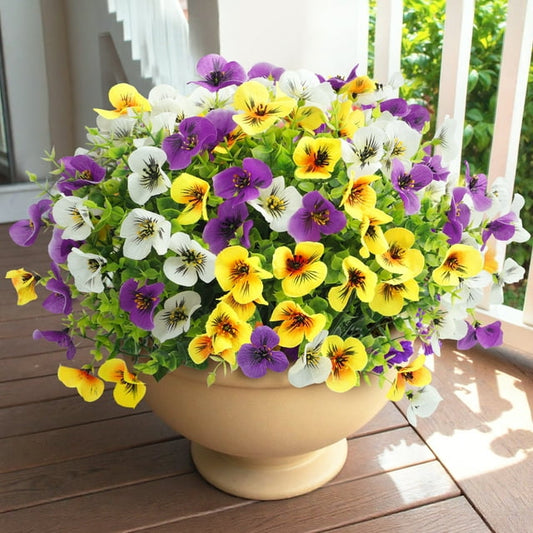 Scidweet 12 Bundles Artificial Pansy Flowers Outdoor, Faux Plants Fake Flowers Spring Summer Decoration for Outside Home Window Porch Patio Yard Garden Decor, Mixed Color
