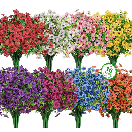 Scidweet 16 Bundles Artificial Flowers, Fake Plastic Flowers Faux Silk Flower for Indoor Outdoor Spring Summer Garden Home Decoration, MultiColor