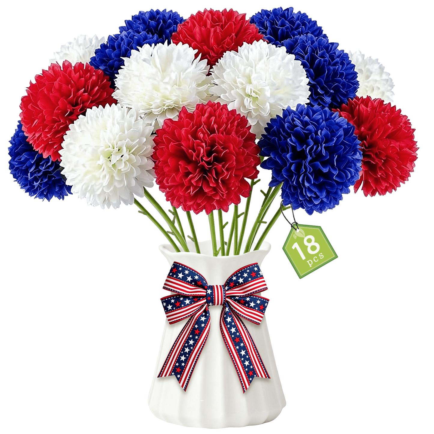 Scidweet 18PCS Artificial Memorial Day Flowers, Red White and Blue Decorations Faux Flowers Ball Chrysanthemum Bouquet for Patriotic 4th of July Home Office Tables Outdoor Indoor Decorations