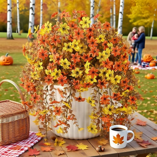 Scidweet Artificial Fall Flowers Outdoors, 2 Pcs Autumn Fake Hanging Flowers Faux Silk Fall Decorations for Home Garden Porch, Orange Yellow
