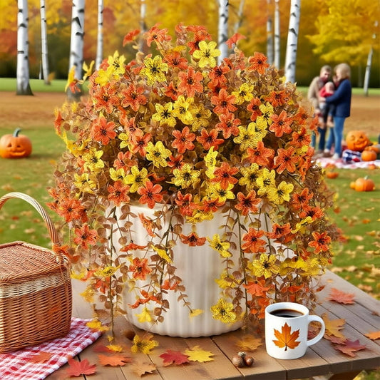 Scidweet Artificial Fall Flowers Outdoors, 2 Pcs Autumn Fake Hanging Flowers Faux Silk Fall Decorations for Home Garden Porch, Orange Yellow