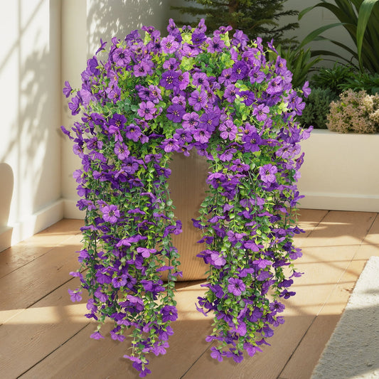 Scidweet Artificial Flowers Outdoors, 2 Pcs Hanging Fake Flowers Faux Silk Spring Summer Decoration for Home Garden Porch, Purple