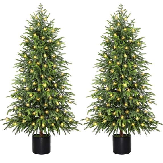 Scidweet 2 Pack Artificial Norfolk Pine Christmas Tree, 4FT Fake Potted Tree Faux Plant with 100 LED for Front Door Indoor Outdoor Porch Room Office Holiday Home Xmas Decor