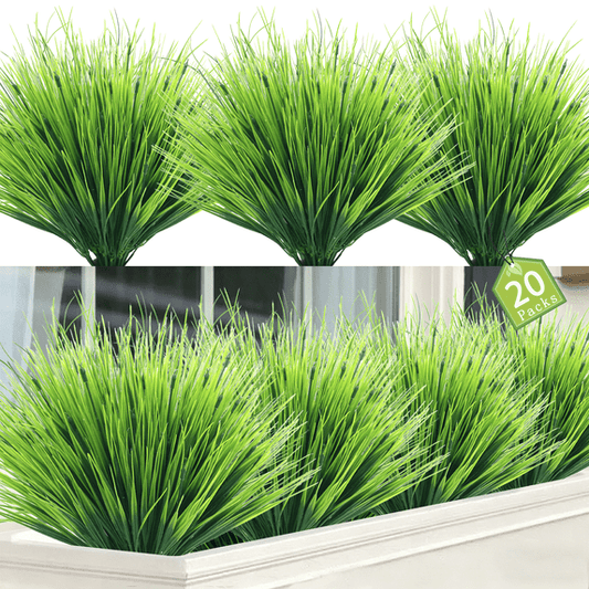 Scidweet Artificial Plants Outdoors, 20 Bundles Fake Faux Greenery Grass Plants for Spring Summer Patio Garden Porch Yard Window Box Home Decor, Green