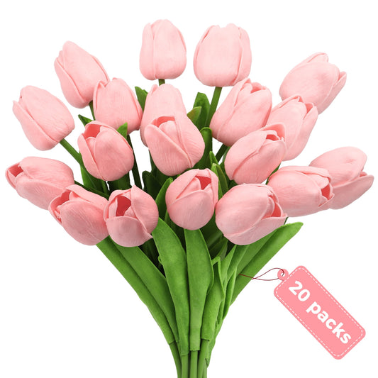 Scidweet 20 Pcs Artificial Flowers Fake Tulip, Pink Tulip for Spring Indoor Table Wedding Decorations Mother's Day Easter Gifts