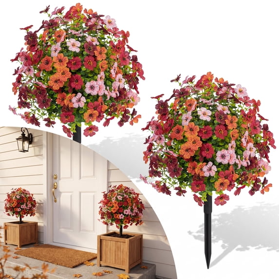Scidweet 2 Pack Artificial Fall Flowers for Outdoors, Fake Mum Topiary Balls with Ground Spike Fake Plants for Fall Indoors Porch Patio Autumn Thanksgiving Decor