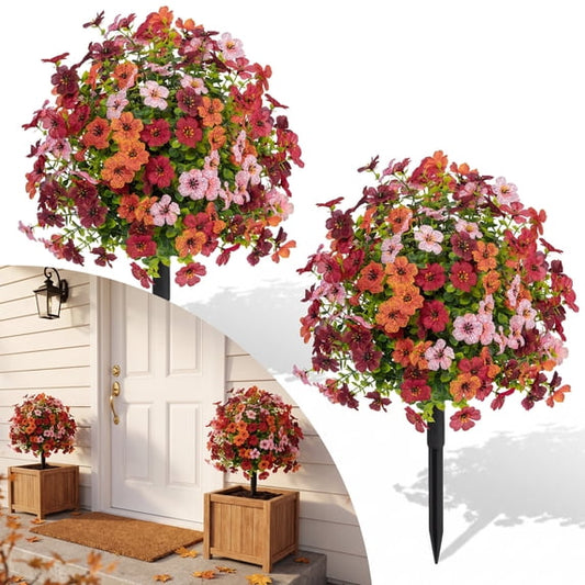 Scidweet 2 Pack Artificial Fall Flowers for Outdoors, Fake Mum Topiary Balls with Ground Spike Fake Plants for Fall Indoors Porch Patio Autumn Thanksgiving Decor