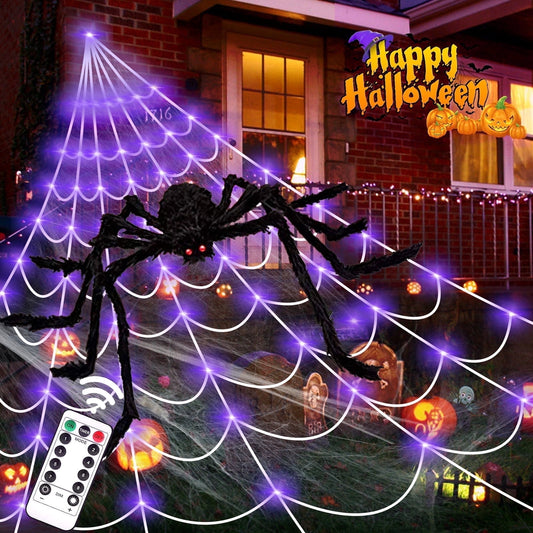 Scidweet Halloween Decorations Outdoor, 350 LED Halloween Spider Web Lights with 79" Giant Spider for Home Garden Yard Decor