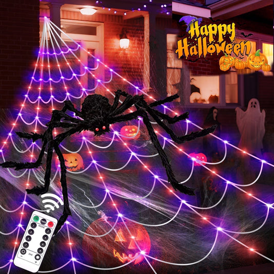 Scidweet Halloween Decorations Outdoor, 350 LED Halloween Spider Web Lights with 79" Large Spider for Garden Yard Home Decor, Multicolor
