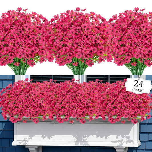 Scidweet 24 Pcs Artificial Flowers, Fake Plastic Flowers Faux Plant for Outdoors Spring Garden Decoration (Rose Red)