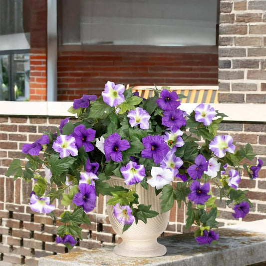 Scidweet 2PCS Artificial Fake Flowers Plants for Outdoor Decoration, Spring Faux Petunias Silk Flower for Home Garden Balcony Yard Indoor Decor (Purple White)