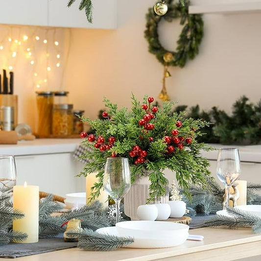 Scidweet 45 Pcs Christmas Artificial Pine Branches 15 Pcs Red Berry Stems Faux Evergreen Norfolk Pine Cypress Leaves Stems for Home Decor