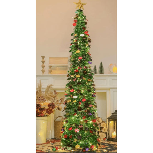 Scidweet 5 ft Pop up Christmas Trees, Collapsible Pencil Twinkle Christmas Tree with Lights for Indoor Outdoor Home Party Holiday Xmas Decor, Multicolor