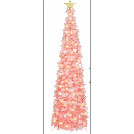 Scidweet 5 ft Pop up Christmas Trees Decorations, Collapsible Pencil Tinsel Twinkle Xmas Tree with Lights & Reflective Sequins for Indoor Outdoor Home Party Holiday Christmas Decor, Pink
