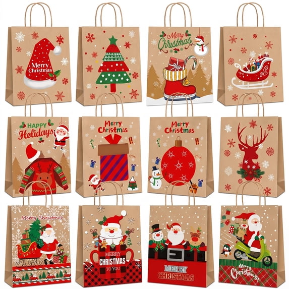 Scidweet 54 Pcs Christmas Gift Bags, Reusable Christmas Kraft Gift Bags with Handles, Goodie Bags for Xmas Gift Party Favor Supplies Holiday Decor