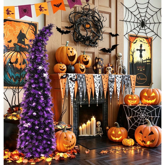 Scidweet 5ft Pop Up Halloween Trees Decorations, Collapsible Pencil Tree with Spider Web Decor Halloween Decorations for Indoor Outdoor Home Party Decor, Black