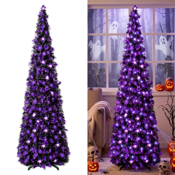 Scidweet 5ft Pop Up Halloween Trees Decorations, Collapsible Pencil Twinkle Halloween Tree with Lights & Spider Reflective Sequins for Indoor Outdoor Home Party Holiday Decor, Purple