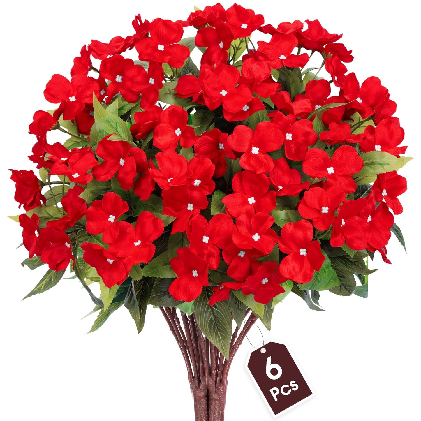 Scidweet Artificial Fake Flowers Outdoor, 6 Bundles Faux Plants Silk Impatiens Flowers Spring for Indoor Outside Home Porch Patio Garden Decor, Red
