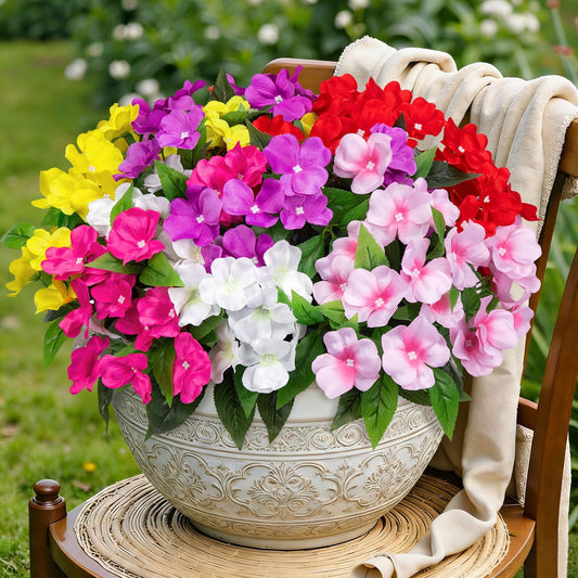 Scidweet 6 Bundles Artificial Flowers Outdoor, Fake Silk Impatiens Flowers Faux Plants Spring for Indoor Outside Home Planter Porch Garden Decor,Multicolor