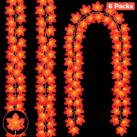 Scidweet 6 Pack Fall Maple Leaves Garlands, 60FT 120 LED Fake Autumn Garland String Lights Indoor Outdoor Fall Decorations for Home Thanksgiving Patio Party Home Decor, Orange