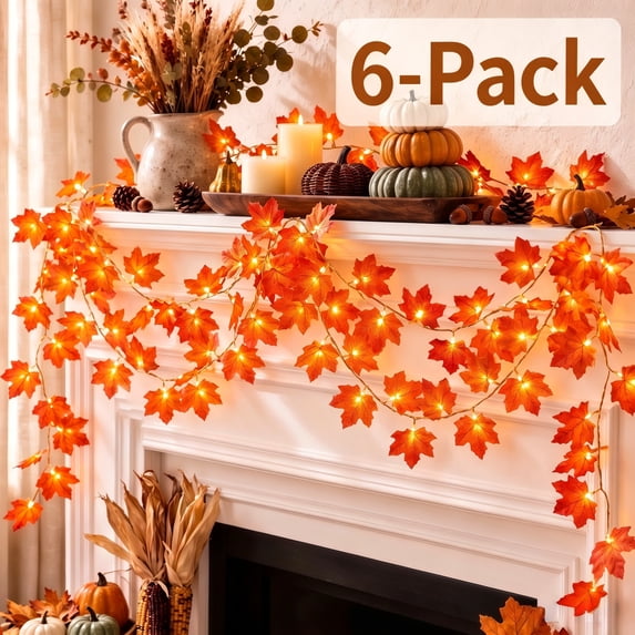 Scidweet 6 Pack Fall Maple Leaves Garlands, 60FT 120 LED Fake Autumn Garland String Lights Indoor Outdoor Fall Decorations for Home Thanksgiving Patio Party Home Decor, Orange