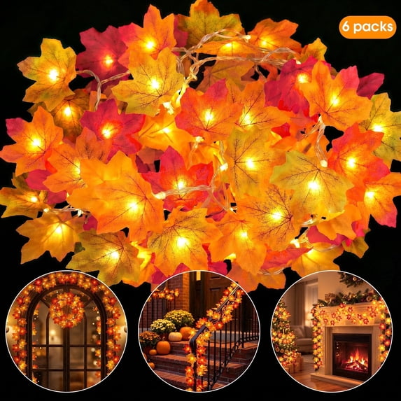 Scidweet Fall Garland with Lights, 6 Pack 60FT 120 LED Artificial Autumn Maple Leaves Garland Indoor Outdoor Fall Decorations for Home Party Mantle Fireplace Porch Table Thanksgiving Halloween Decor