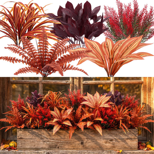 Scidweet 8 Pcs Artificial Fall Plants, Fake Plastic Large Bunches Plants for Outside Fall Porch Garden Patio Yard Home Decor