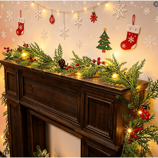 Scidweet 9 FT Christmas Wreath Garland, Pre-Assembled 50 Warm White LED Holiday Garland with Natural Pine Cones & Red Berry Accents for Fireplace, Balcony Railing & Fence Holiday Ornament
