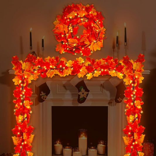 Scidweet 9FT Fall Decor Fall Decorations for Home, 50 Orange Bulbs Fall Garland Connectable Maple Leaves Light for Indoor Outdoor Festival Decorations Fireplace Party