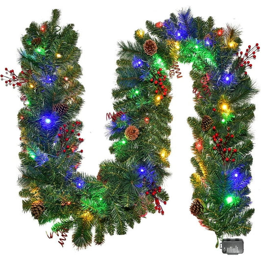 Scidweet 9ft Pre-Lit Christmas Garland with Lights for Outdoor Indoor, Artificial Garlands 8 Lighting Modes Battery Powered with 50 LED Multicolor String Light for Xmas Decor