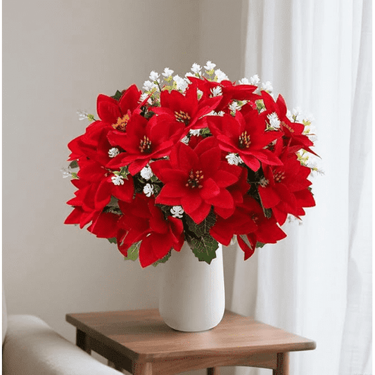 Scidweet Artificial Christmas Flowers for Outdoors,12 Bundles Mixed Fake Red Silk Flowers Faux Plastic Plants UV Resistant for Home Garden Porch Patio Outdoor Indoor Decor