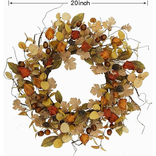 Scidweet Artificial Fall Wreath for Front Door Autumn Wreath with Golden Eucalyptus Leaves,Oak Leaves for Indoor Outdoor Home Wall Window Festival Wedding Decor