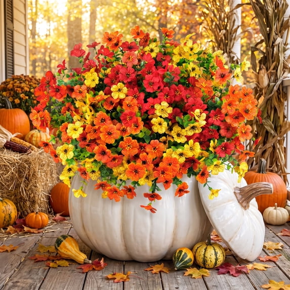 Scidweet Artificial Flowers for Outdoor, 12 Bundles Fake Silk Flowers Faux Plants for Fall Outside Indoor Outdoor Home Decor (Yellow, Orange, Red)