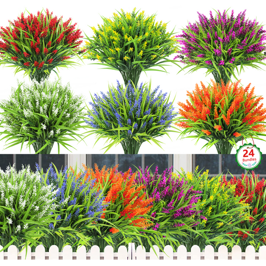 Scidweet 24 Bundles Faux Lavender Plants, Mixed Color Artificial Plastic Flowers Fake Monkey Grass Flowers Spring Summer for Outdoors Window Garden Home Decor