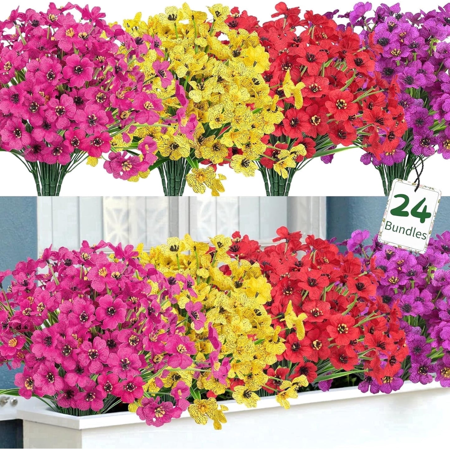 Scidweet Artificial Flowers for Outdoors, 24 Bundles Faux Silk Flowers UV Resistant Fake Plastic Plants for Indoor Outdoor Vase Box Garden Porch Spring Summer Home Decor, Multicolor