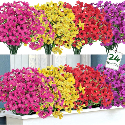 Scidweet Artificial Flowers for Outdoors, 24 Bundles Faux Silk Flowers UV Resistant Fake Plastic Plants for Indoor Outdoor Vase Box Garden Porch Spring Summer Home Decor, Multicolor