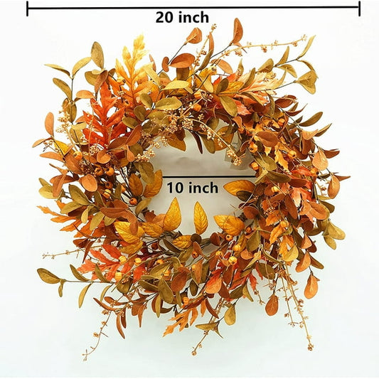 Scidweet Artificial Fall Wreath for Front Door Autumn Wreath with Bright Oak Leaves,Small Pumpkin,Berry Branches,Mixed Leaves for Indoor Outdoor Window Wall Door Decor