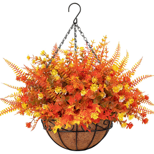 Scidweet Artificial Fall Hanging Flowers Outdoor, 12 Pcs Autumn Fake Flowers Faux Plants with Coconut Lining Basket Fall Decoration for Home Patio Garden Decor, Mixcolor