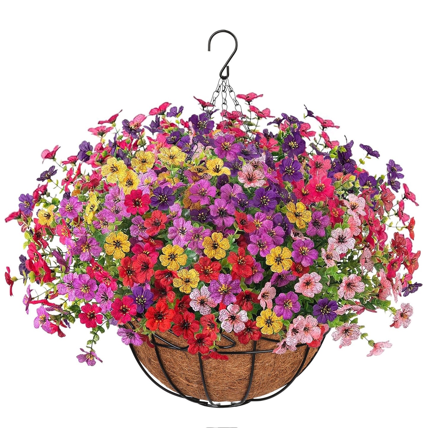 Scidweet Artificial Hanging Flowers, 12 Pcs Fake Flowers Faux Plants with Coconut Lining Basket for Outdoor Indoor Spring Summer Decoration for Home Garden, Multicolor