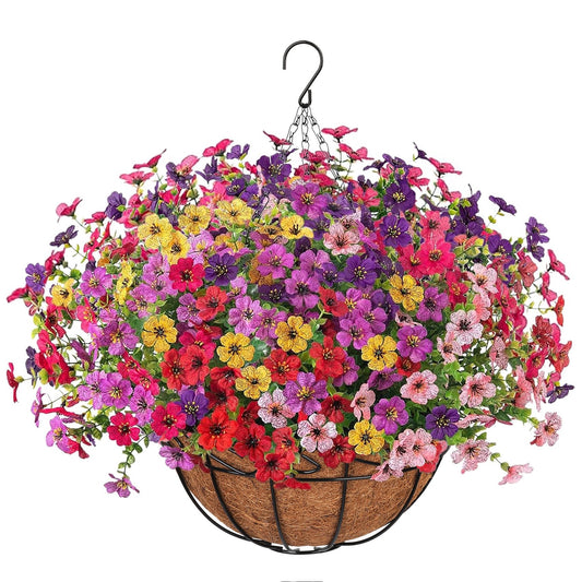 Scidweet Artificial Hanging Flowers, 12 Pcs Fake Flowers Faux Plants with Coconut Lining Basket for Outdoor Indoor Spring Summer Decoration for Home Garden, Multicolor