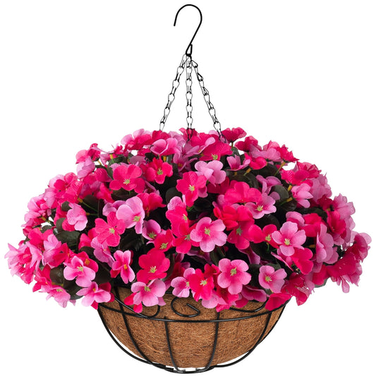 Scidweet Artificial Hanging Flowers with Basket for Outdoors, Fake Flowers Faux Hydrangea Plants for Spring Summer Outside Indoor Porch Garden Yard Decor, Rose Pink