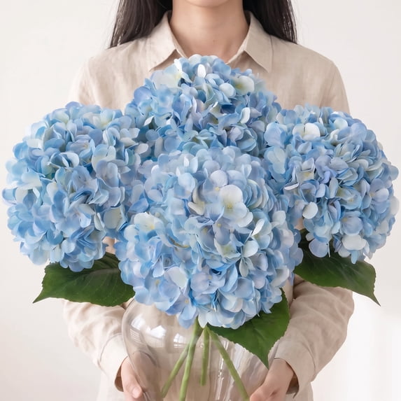 Scidweet 4Pcs Hydrangea Artificial Flowers, 17.32" Faux Fake Flowers Real Touch Latex Flowers Bouquet for Indoor Outdoor Summer Home Patio Garden Yard Wedding Table Decor, Blue