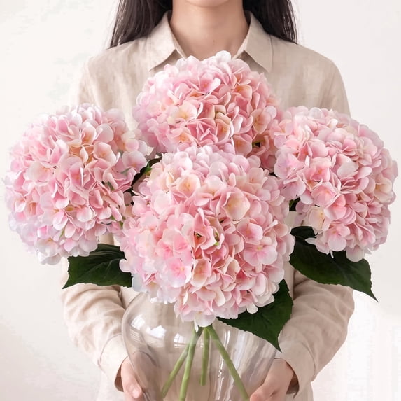 Scidweet Hydrangea Artificial Flowers, 4 Pcs 17.32" Fake Flowers Bouquet Real Touch Latex Faux Flowers for Indoor Outdoor Patio Garden Home Yard Wedding Table Decor, Pink