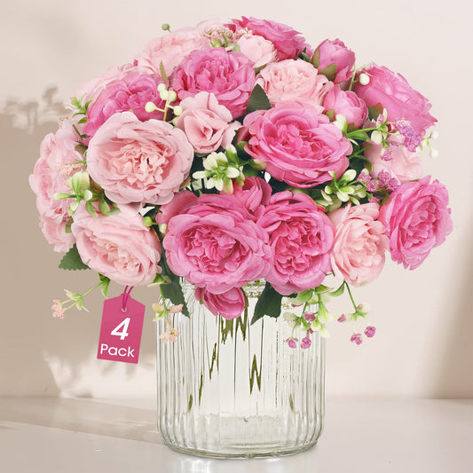 Scidweet 4 Bouquets Artificial Peonies Flowers, Fake Peonies Silk Flowers for Indoor Table Party Wedding Home Decor, Pink