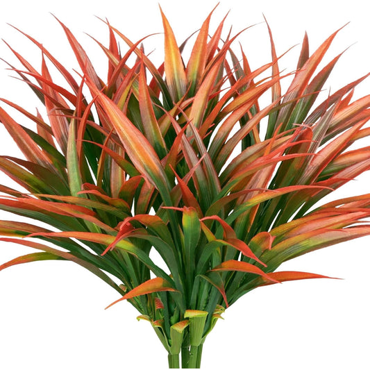 Scidweet Artificial Plants Outdoor, 16 Bundles Fake Grass Faux Plastic Plants Spring Summer for Home Garden Porch Decor, Orange Red