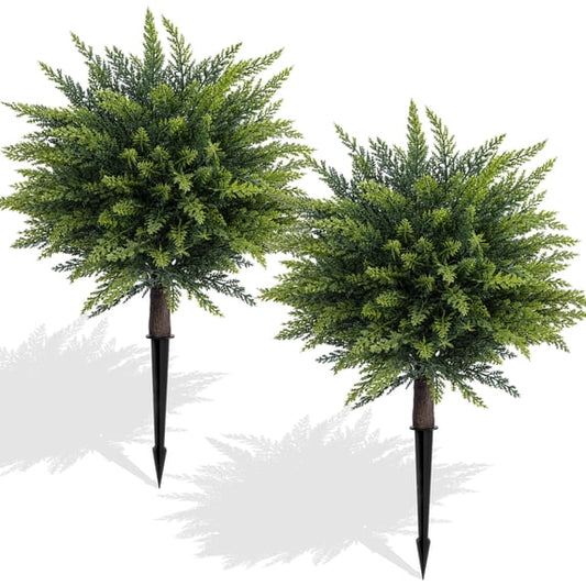 Scidweet 2 Pack Artificial Cedar Topiary Trees, Fake Outdoor Bushes Plants with Ground Spike Faux Greenery Plants for Indoor Outdoor Front Porch Garden Decor