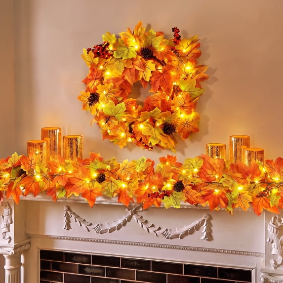 Scidweet Fall Maple Leaf Wreath Set, 20" 6Ft 30LED Artificial Autumn Garlands Fall Decorations for Home Table Party Fireplace Porch Thanksgiving Harvest Decor