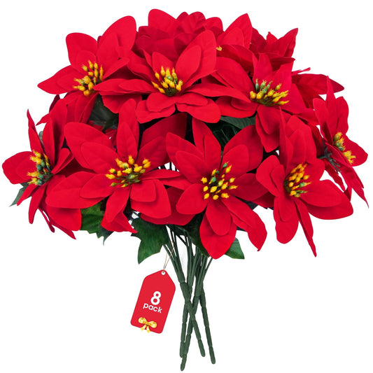 Scidweet Christmas Artificial Flowers, 8 Pack Fake Red Poinsettia Flowers Bouquet for Indoor Outdoor Home Xmas Tree Table Garden Decor